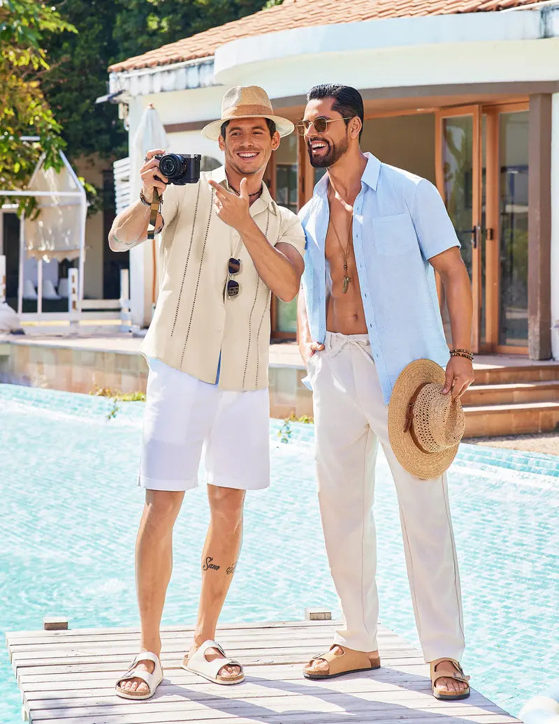 Men's Cuban-style Guayabera short-sleeve shirt—V-neck, button-front, casual summer beach top; features a slim fit and soft, breathable fabric.