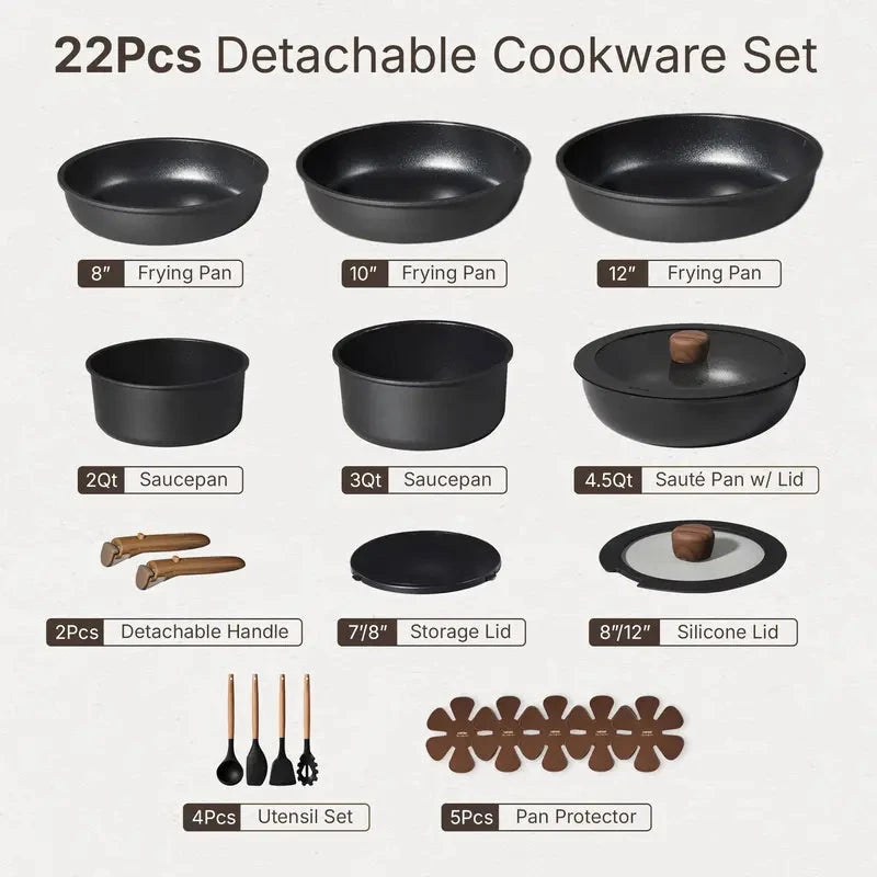 19/26‑Piece Non‑Stick Cookware Set, Detachable Wooden Handle Pots and Pans, Induction Compatible, Oven Dishwasher Fridge Safe, Space‑Saving Kitchen Cooking Set with Silicone Utensils