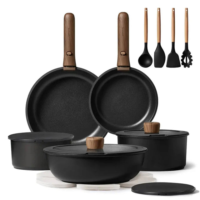 19/26‑Piece Non‑Stick Cookware Set, Detachable Wooden Handle Pots and Pans, Induction Compatible, Oven Dishwasher Fridge Safe, Space‑Saving Kitchen Cooking Set with Silicone Utensils