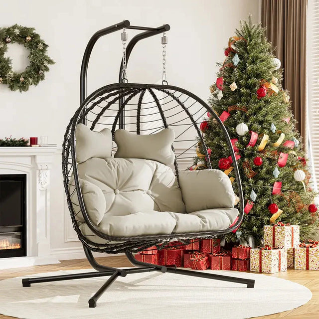 Double Hanging Egg Chair with Cushion, 700lbs Capacity - Foldable Patio Chair with Handwoven PE Wicker & Rust-Proof Frame, for Garden, Porch, Backyard Soft Lounge Swing