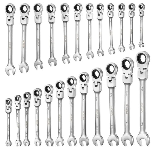 24-Piece Adjustable Flex-Head Ratchet Wrench Set — Includes SAE and metric sizes, 72-tooth design, premium chrome-vanadium steel, 180° pivoting heads; suitable for automotive repair and home DIY maintenance.