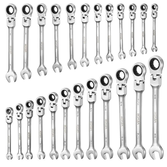 24-Piece Adjustable Flex-Head Ratchet Wrench Set — Includes SAE and metric sizes, 72-tooth design, premium chrome-vanadium steel, 180° pivoting heads; suitable for automotive repair and home DIY maintenance.