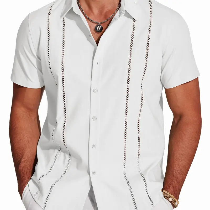 Men's Cuban-style Guayabera short-sleeve shirt—V-neck, button-front, casual summer beach top; features a slim fit and soft, breathable fabric.
