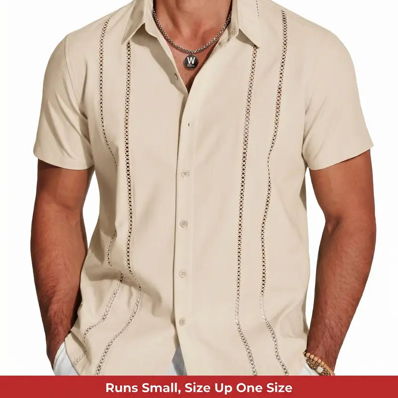 Men's Cuban-style Guayabera short-sleeve shirt—V-neck, button-front, casual summer beach top; features a slim fit and soft, breathable fabric.