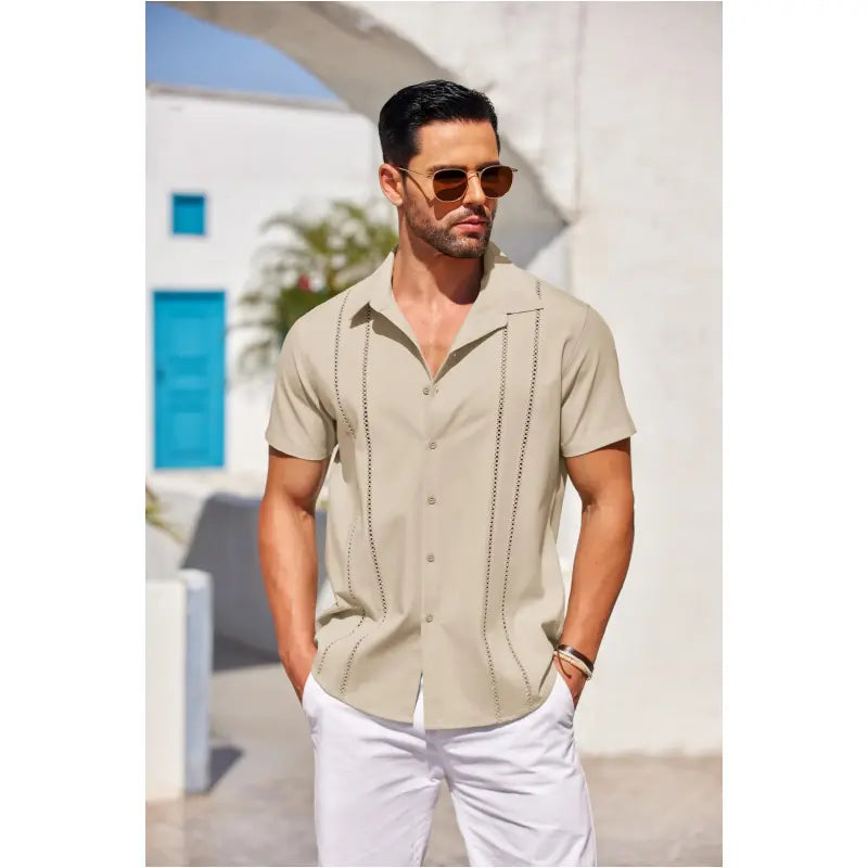 Men's Cuban-style Guayabera short-sleeve shirt—V-neck, button-front, casual summer beach top; features a slim fit and soft, breathable fabric.