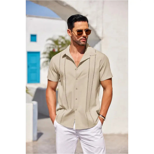 Men's Cuban-style Guayabera short-sleeve shirt—V-neck, button-front, casual summer beach top; features a slim fit and soft, breathable fabric.