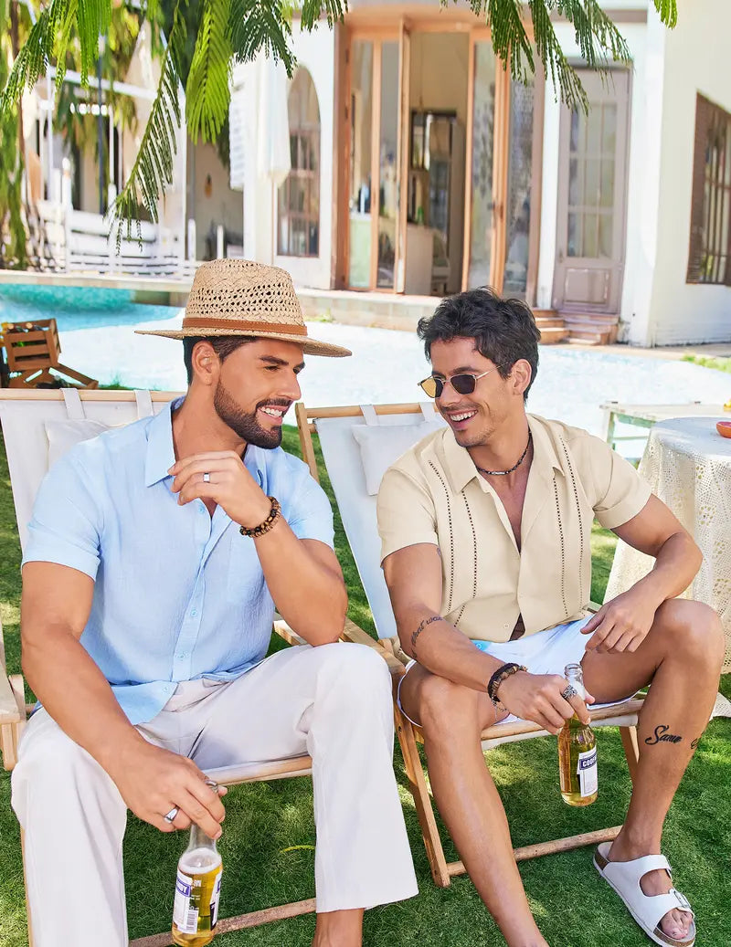 Men's Cuban-style Guayabera short-sleeve shirt—V-neck, button-front, casual summer beach top; features a slim fit and soft, breathable fabric.