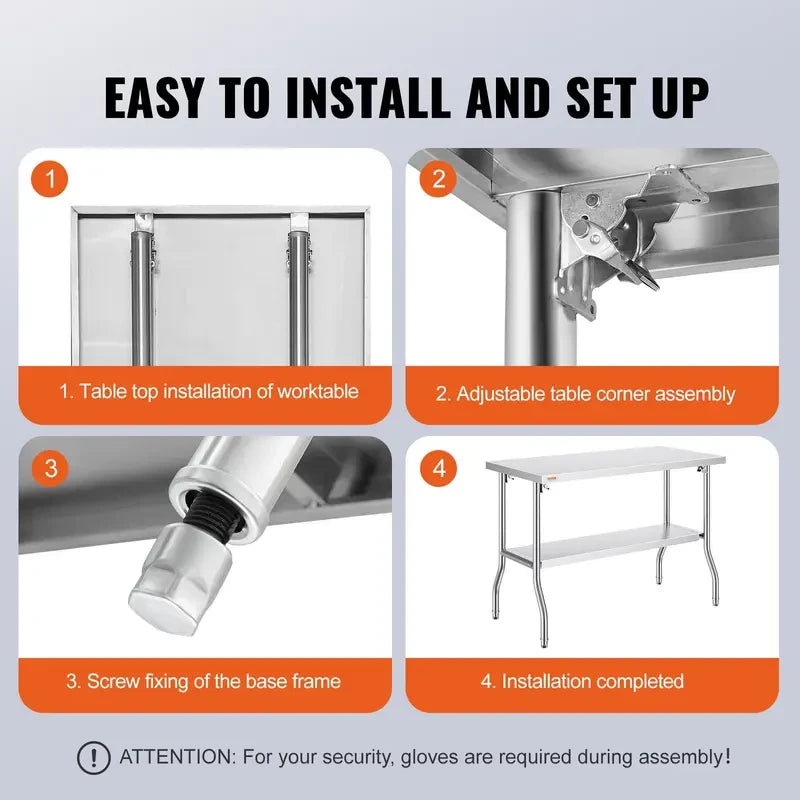 Foldable Commercial Stainless Steel Prep Table 48×24×34 Inch, Heavy Duty 300 LBS Load Workstation, SUS201 Foldable Kitchen Work Table with Storage Shelf for Restaurant & Catering
