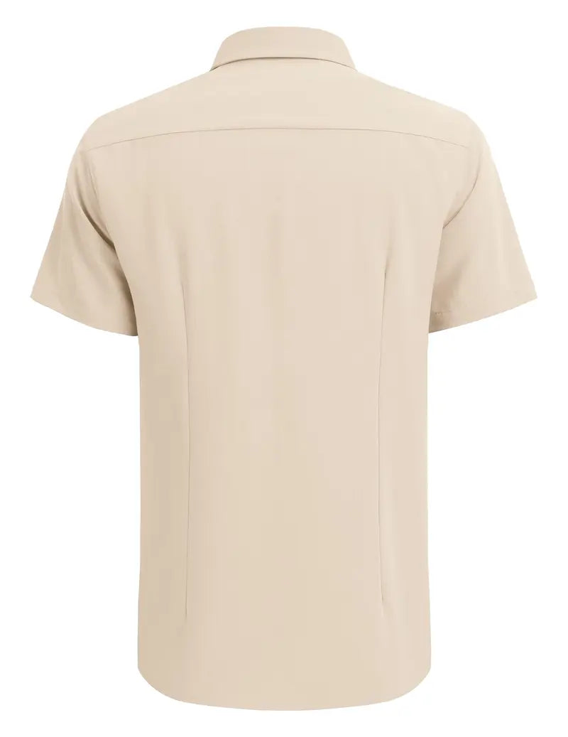 Men's Cuban-style Guayabera short-sleeve shirt—V-neck, button-front, casual summer beach top; features a slim fit and soft, breathable fabric.