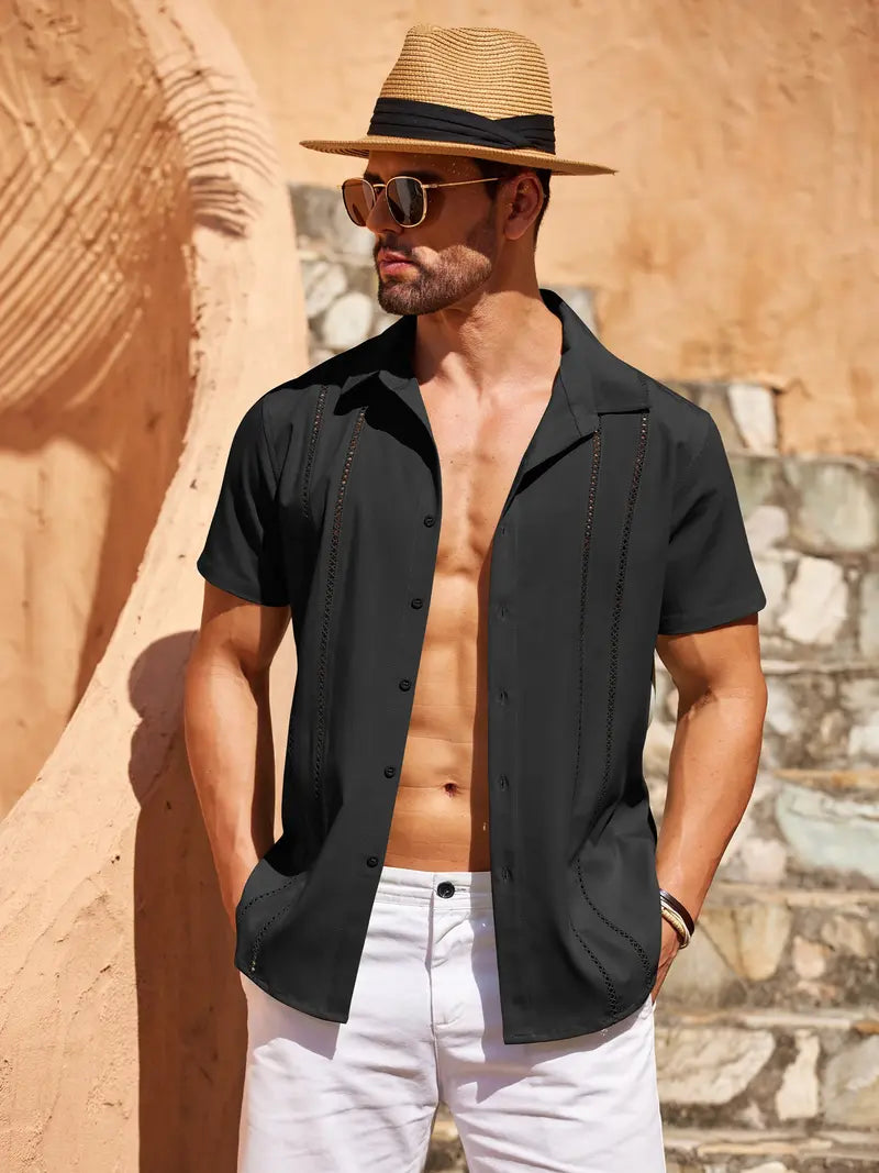 Men's Cuban-style Guayabera short-sleeve shirt—V-neck, button-front, casual summer beach top; features a slim fit and soft, breathable fabric.